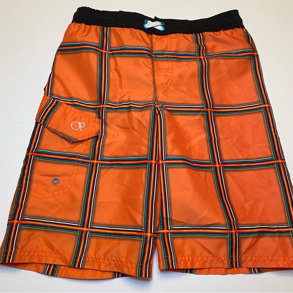 OP Orange Plaid Swim Shorts with Black Drawstring Waistband